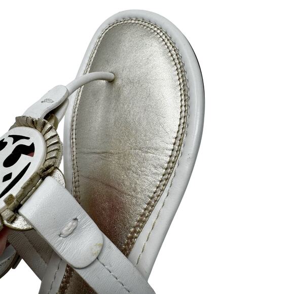 TORY BURCH Metallic Gold Cream Fringe Miller Logo Sandals Flip Flops Size 8 - Picture 4 of 9